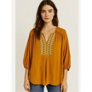Anthropologie Dolan Embroidered V-Neck Peasant Blouse Mustard yellow large EUC